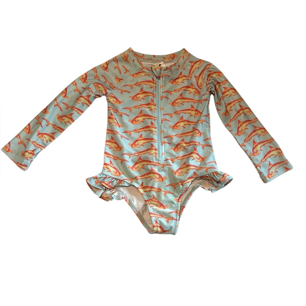 EUC Kate Quinn Long Sleeve Zip Front Swimsuit Shark Print